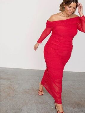 Never Fully Dressed Red Off-Shoulder Ruched Maxi Diaz Dress NWT